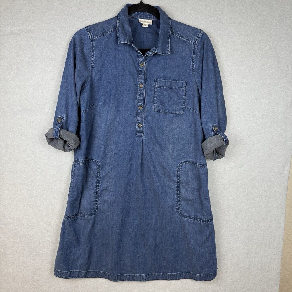 J Jill Denim Shirt Dress Womens M Blue Denim Chambray Roll Tab Sleeve Pockets